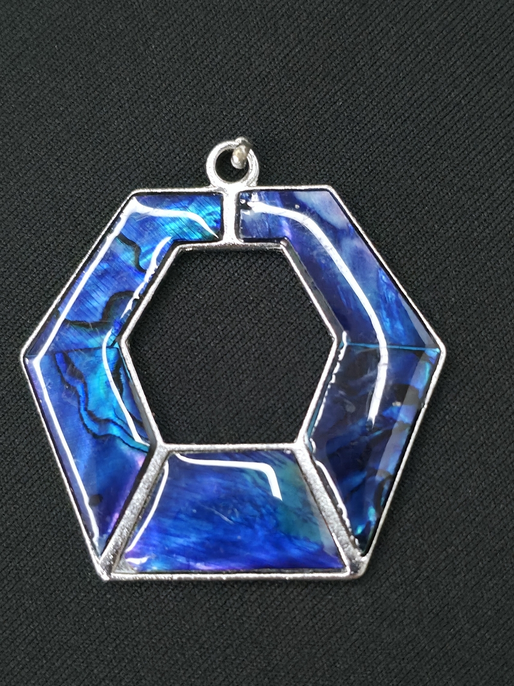 Vintage Blue Hexagon Enamel Pendant Silver Tone Geometric Open Center Charm 1.5”